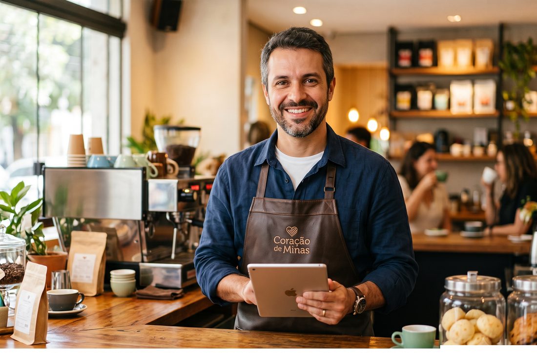 Dono de cafeteria usando o Dream POS no tablet