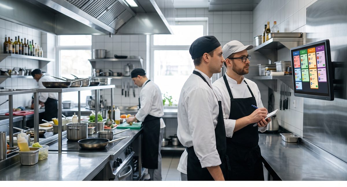 Equipe de cozinha acompanhando os pedidos no telão (KDS)